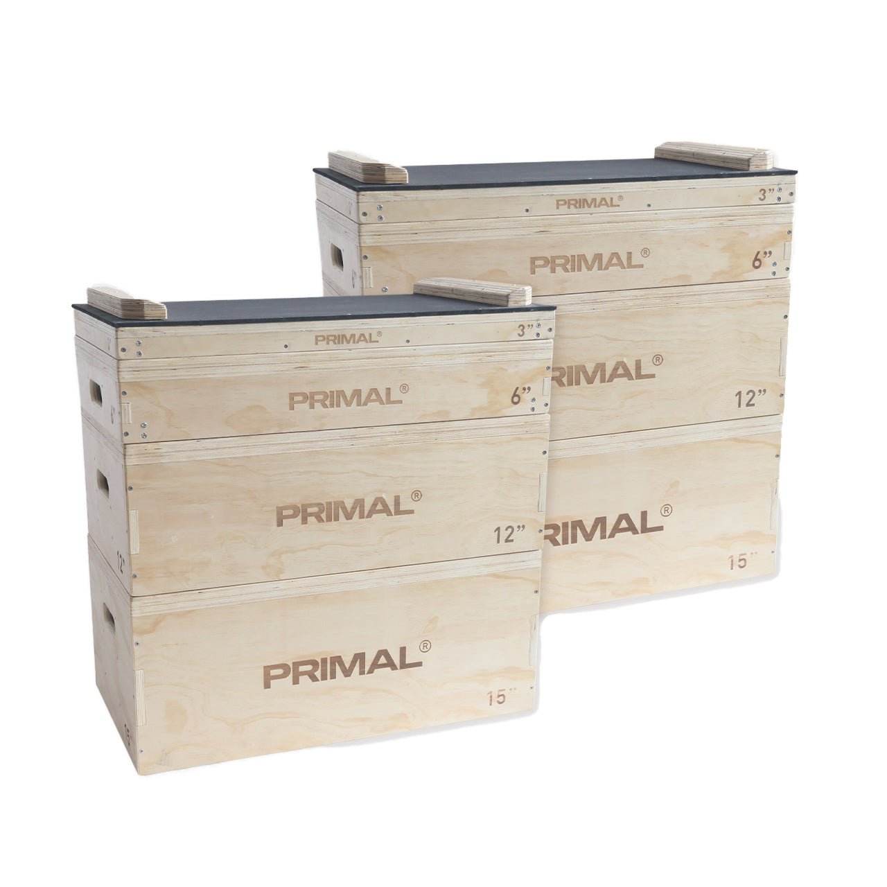 Wooden jerk block platforms for barbell workouts.