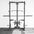 Front facing view of a half rack with barbell, bumper plates & cable attachments.