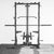 Front facing view of a half rack with barbell, bumper plates & cable attachments.