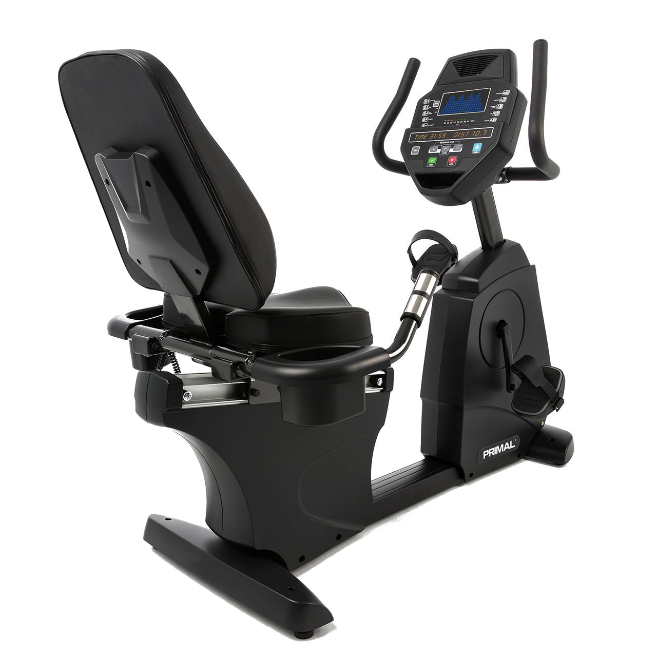An indoor recumbent exercise bike.