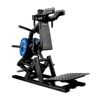Black plate loaded hack squat machine on a white background.