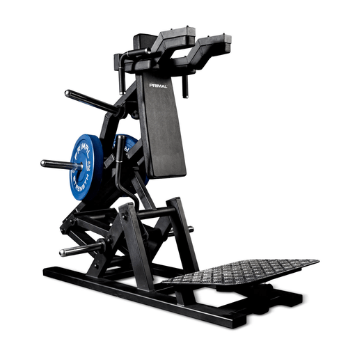 Black plate loaded hack squat machine on a white background.