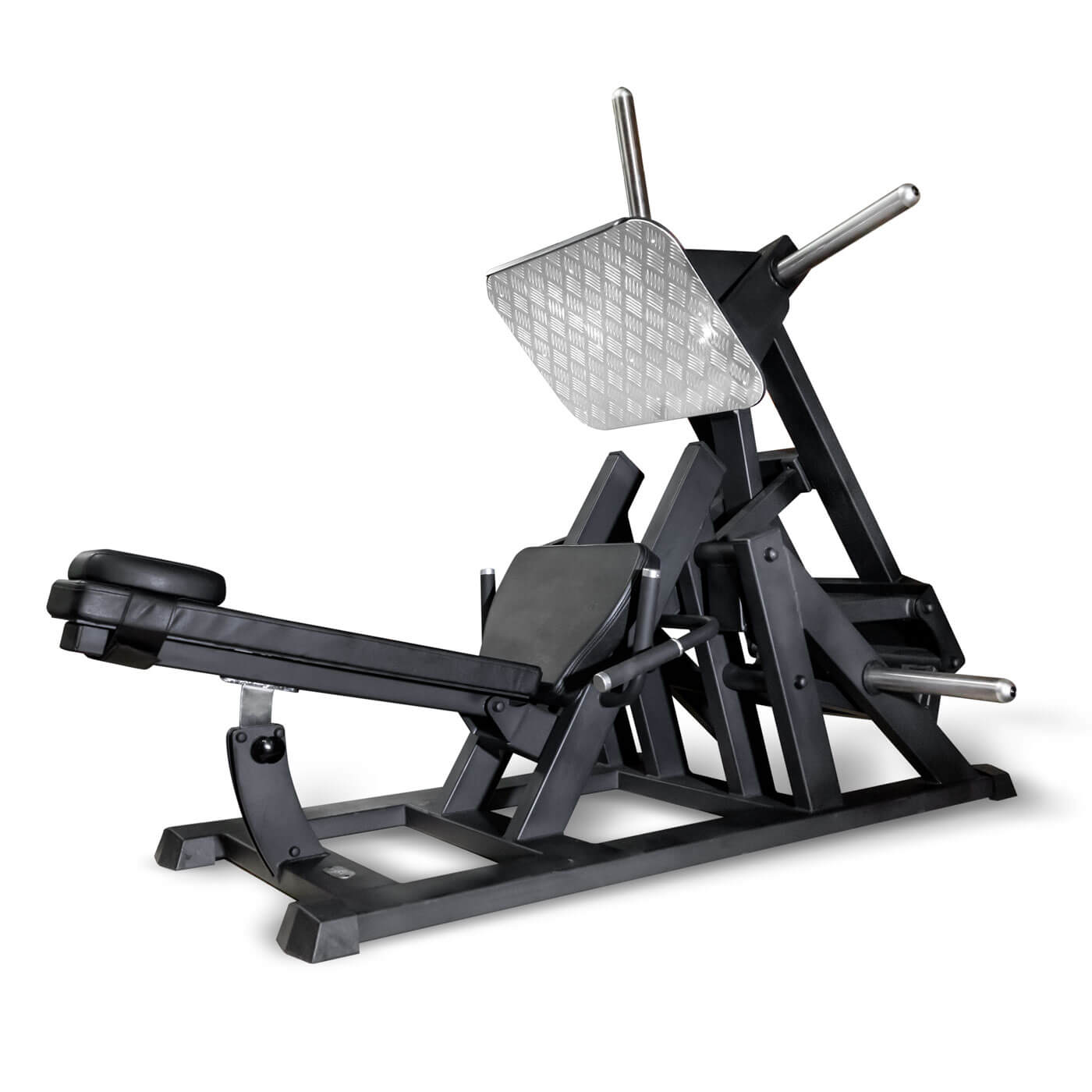 a black plate loaded leg press gym machine