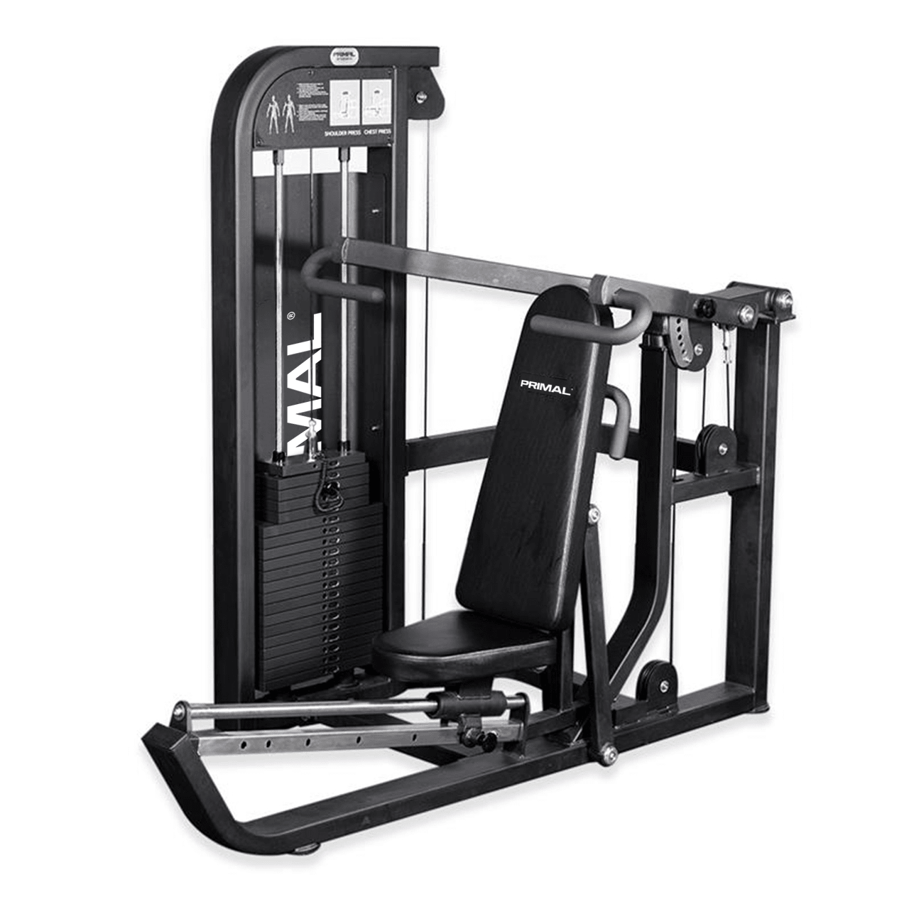 Pin select dual chest & shoulder press machine on a white background.