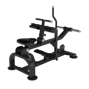 A plate loaded seated calf raise machine.