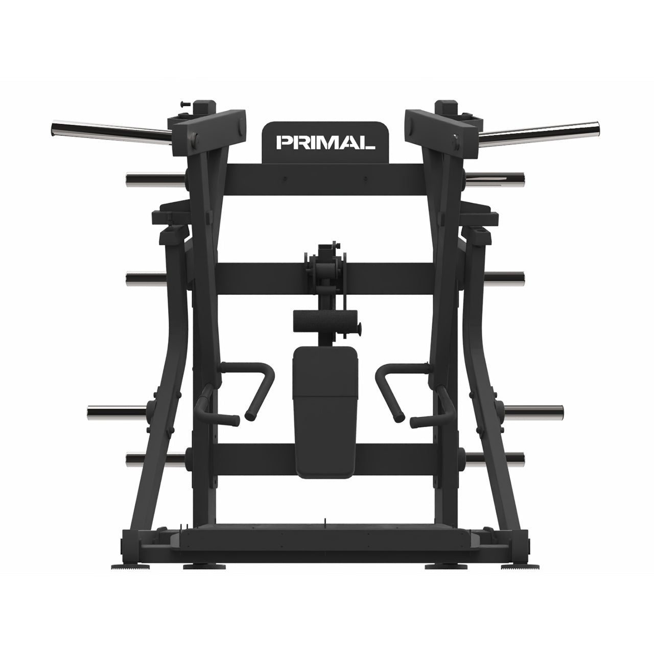 A front on view of a black plate loaded low row machine for commercial use.