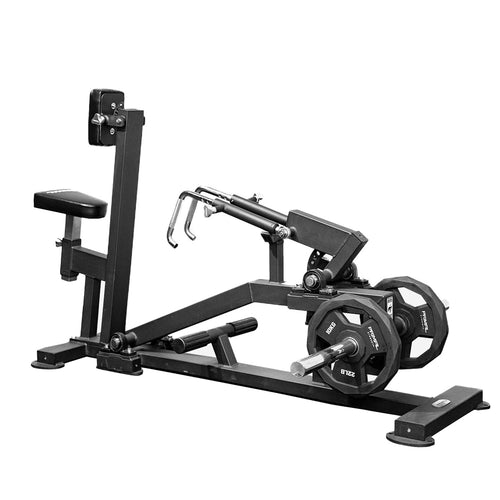 A plate loaded seated row gym machine.