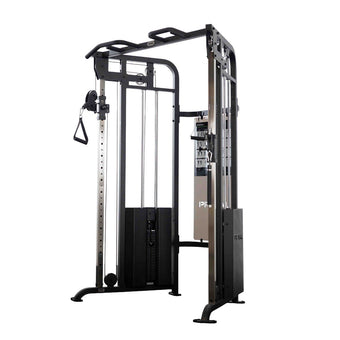 A dual cable machine on a white background in a gym. 