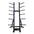 Upright storage rack for holding studio barbells, plates and collars.