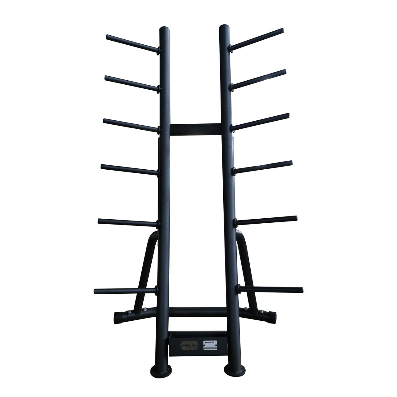 Upright storage rack for holding studio barbells, plates and collars.
