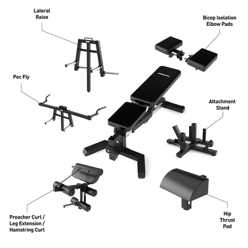 A weight bench with multiple attachments to offer different exercise movements.