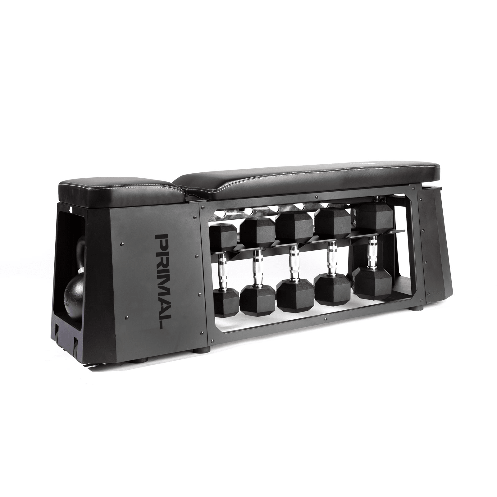 Black weight bench with dumbbells on a white background, featuring the brand 'Primal'.