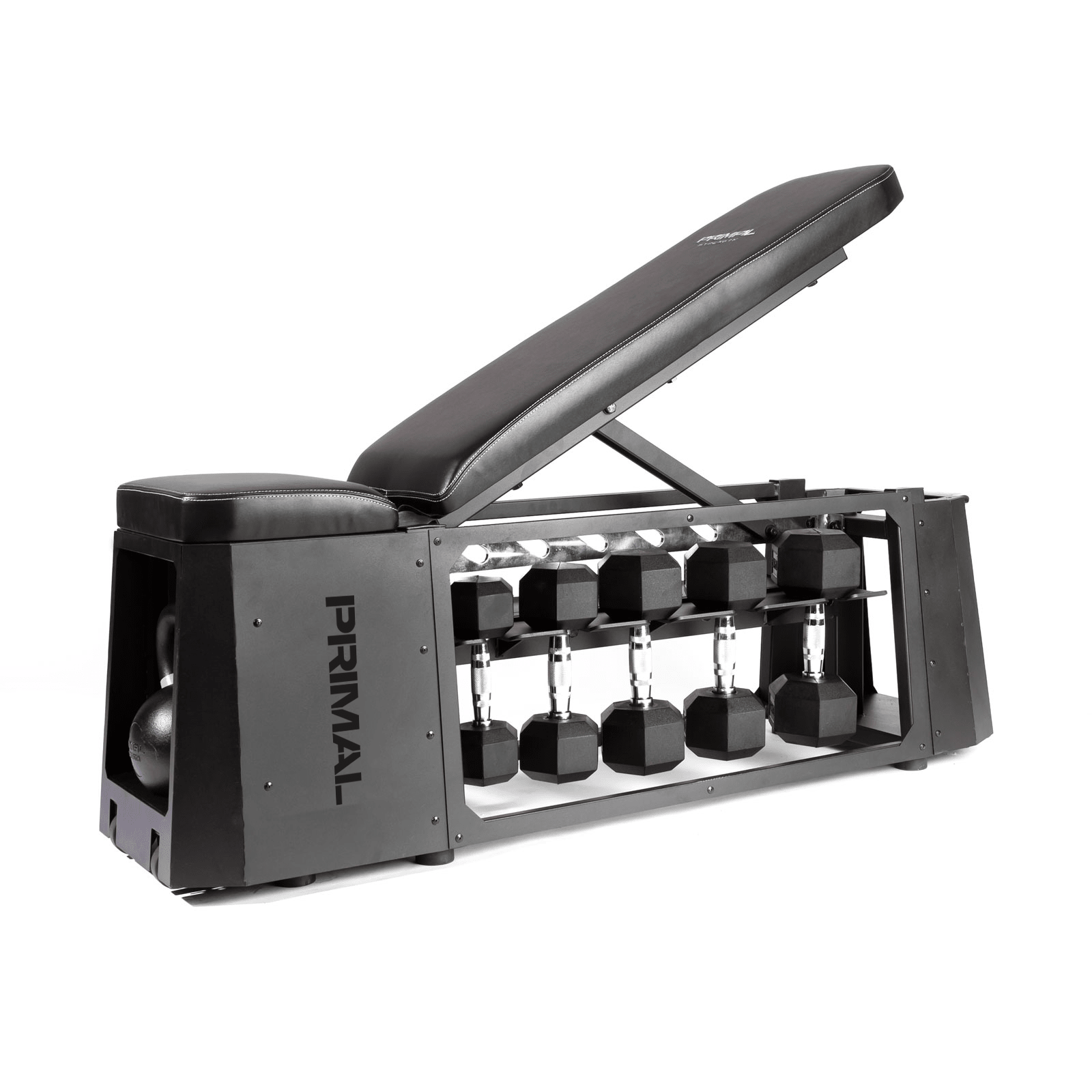 Black exercise bench with weight rack and dumbbells on a white background, featuring the brand 'Primal'.