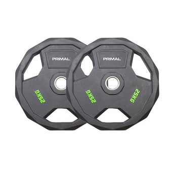 A 25kg pair of black rubber olympic weight discs.