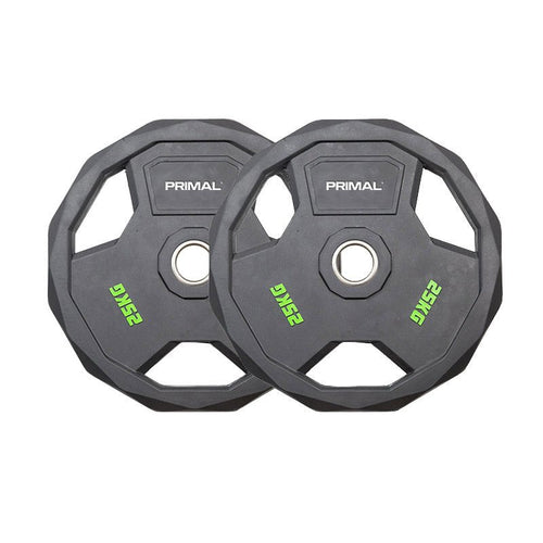 A 25kg pair of black rubber olympic weight discs.