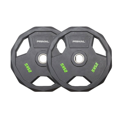 A 25kg pair of black rubber olympic weight discs.