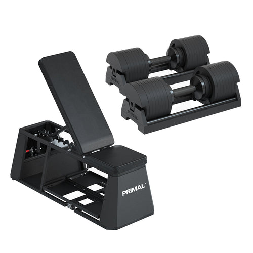 A HIIT gym bench with a pair of 40kg adjustable dumbbells.
