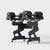 A dumbbell storage stand filled with a pair of adjustable dumbbells.