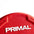 Red urethane bumper plate with Primal branding and contoured grip handle