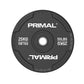 A 25kg single black rubber bumper plate with quad grip handles.