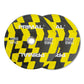 A pair of 15kg yellow and black patterned bumper plates.