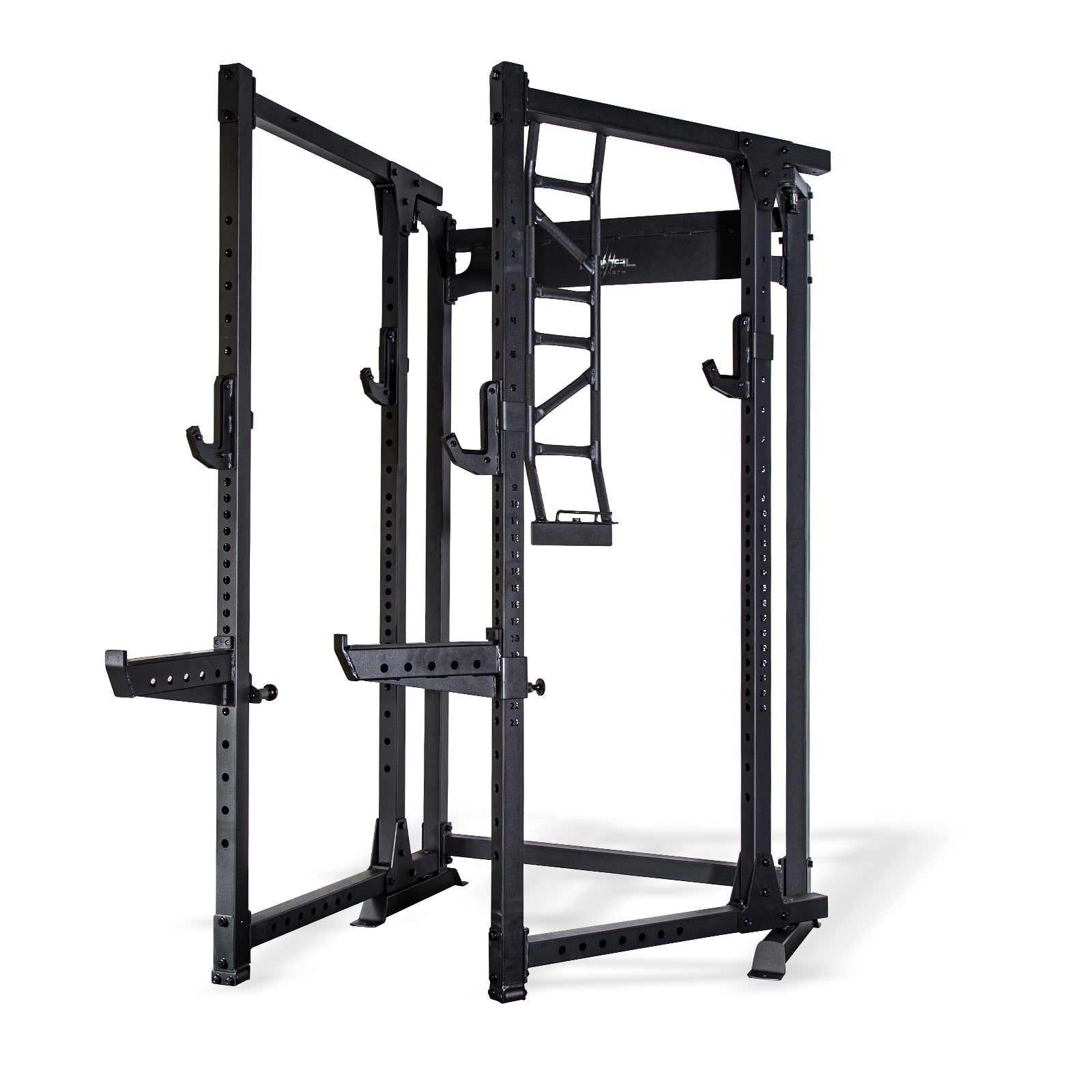 a foldable power rack with various attachments